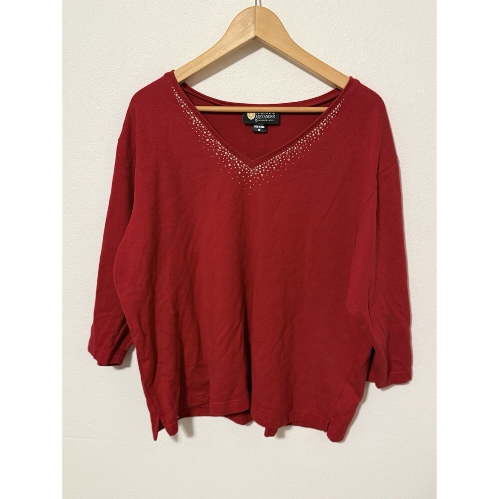 Christine Alexander Red Rhinestone V-Neck Top Size 2X 3/4 Sleeve Embellished Top